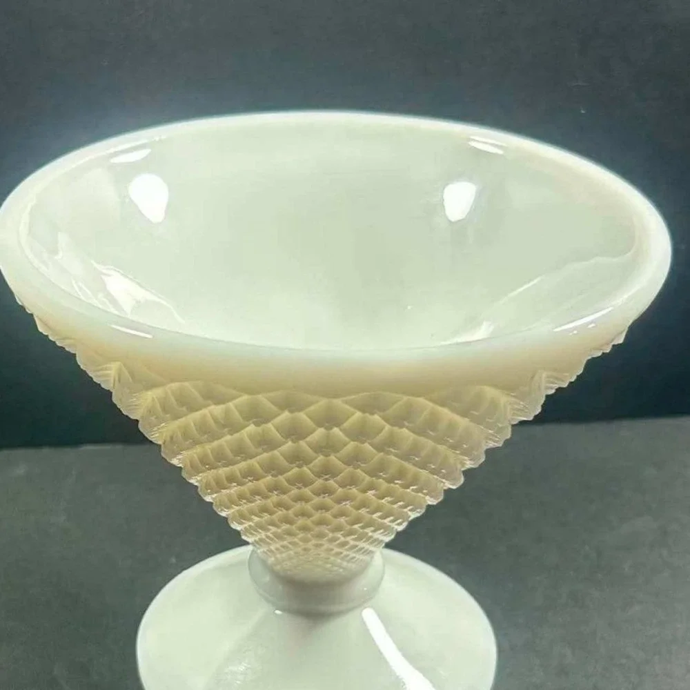 Milk Glass Sherbet Cup White Diamond Point Footed Dessert Bowl Vintage 4.5in